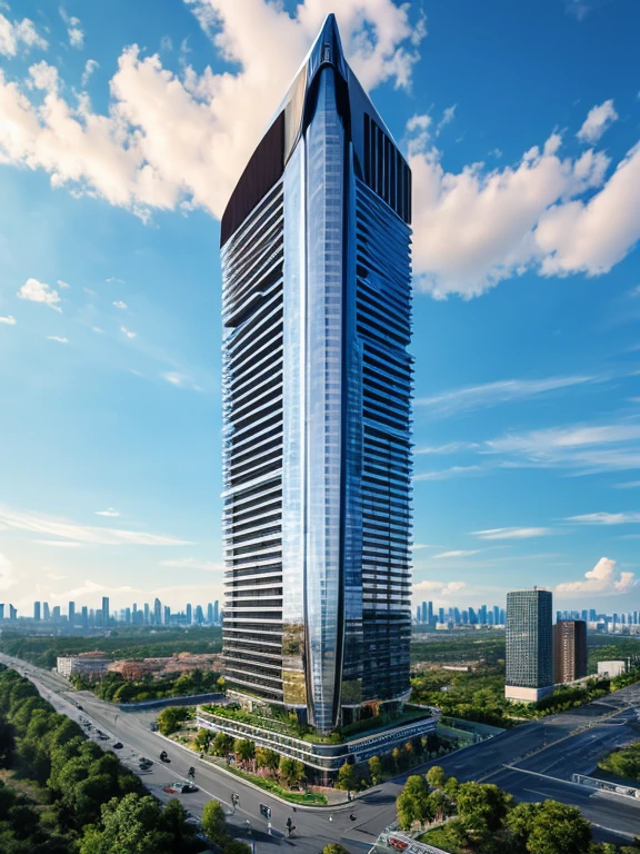 Futuristic banking type building, very tall and huge, very detailed and decorated, in a futuristic urban environment, very high touching the clouds