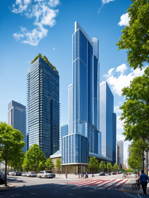 Futuristic banking type building, very tall and huge, very detailed and decorated, in a futuristic urban environment, very high touching the clouds