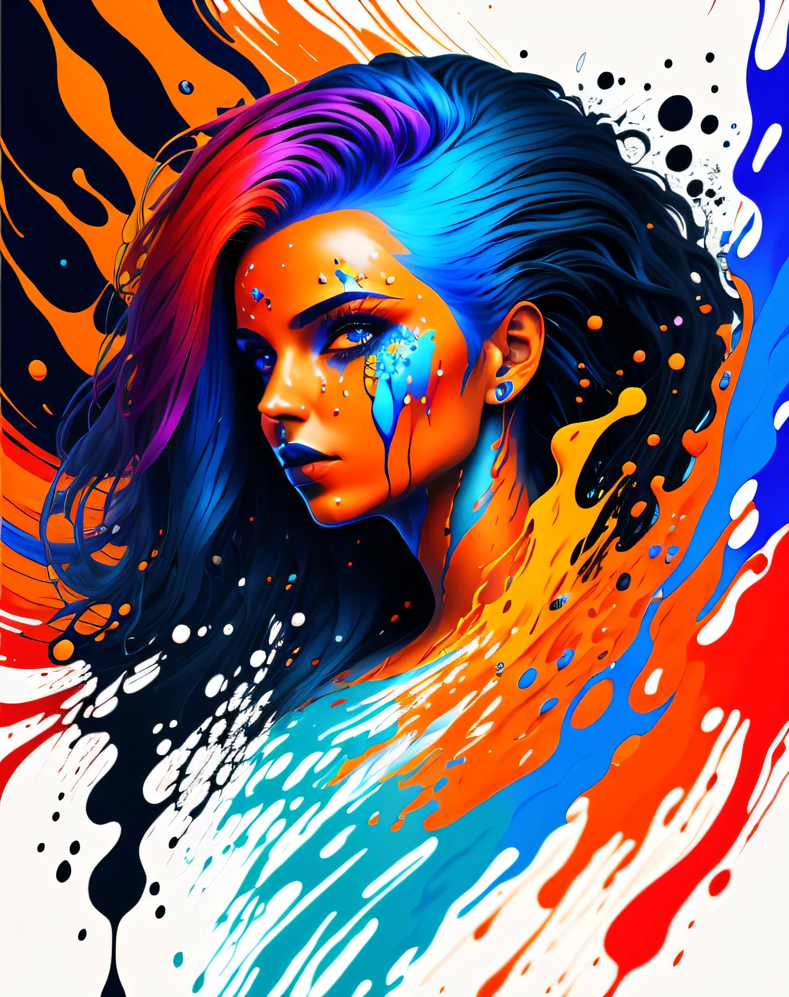 a painting of a woman with colorful hair, fantasy game spell icon, splashes of liquid, computer game art, hyperdetailed colourful, fantasy colours, avatar image, strong blue and orange colors, beautiful avatar pictures, body painted with black fluid, digital art h 9 6 0, rich colourful