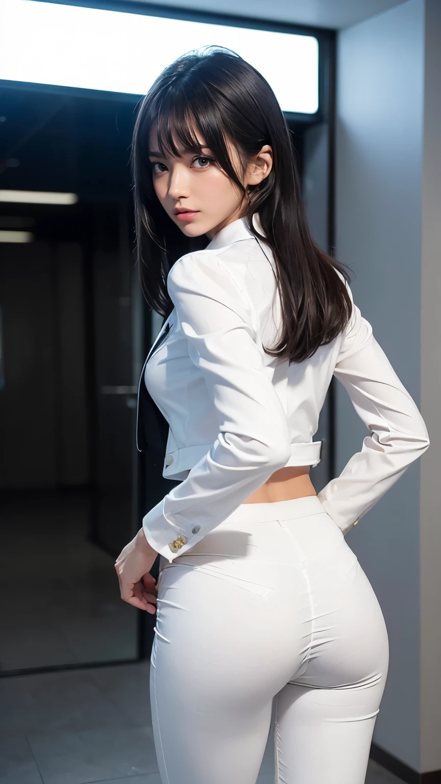 (((Backwards:2.0, Face your buttocks towards the camera:2.0, Accentuate your butt:2.0))), (((Clothing:2.0, long collared shirt:1.8, panties under white suit pants:2.0))), ((Streetscape:1.5)), 1 Girl, solo, ((Short Hair:1.2, A grin:1.2)), 18-year-old, 7 heads, Ideal body proportions, Black Hair, With bangs, Small breasts, slender, Small Ass, Beautiful feet, Skinny Legs, Surrealism, Cinematic Lighting, Depth of written boundary, First Person View, F/1.8, 135mm, Ticker, Mastepiece, Curate, ((Anatomically correct:1.3)), Textured skin, Super Detail, High detail, High quality, Awards, Best Quality, High resolution, 8K