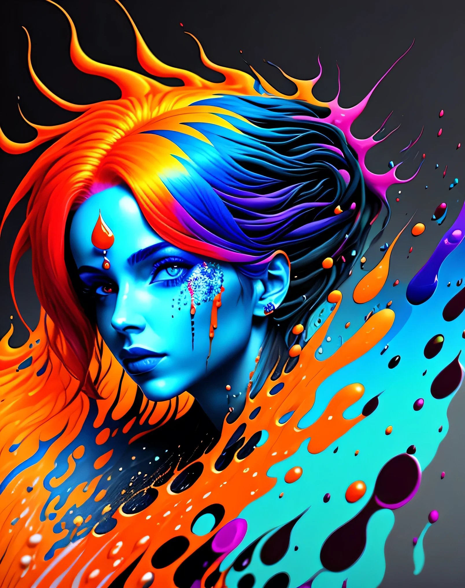 a painting of a woman with colorful hair, fantasy game spell icon, splashes of liquid, computer game art, hyperdetailed colourful, fantasy colours, avatar image, strong blue and orange colors, beautiful avatar pictures, body painted with black fluid, digital art h 9 6 0, rich colourful