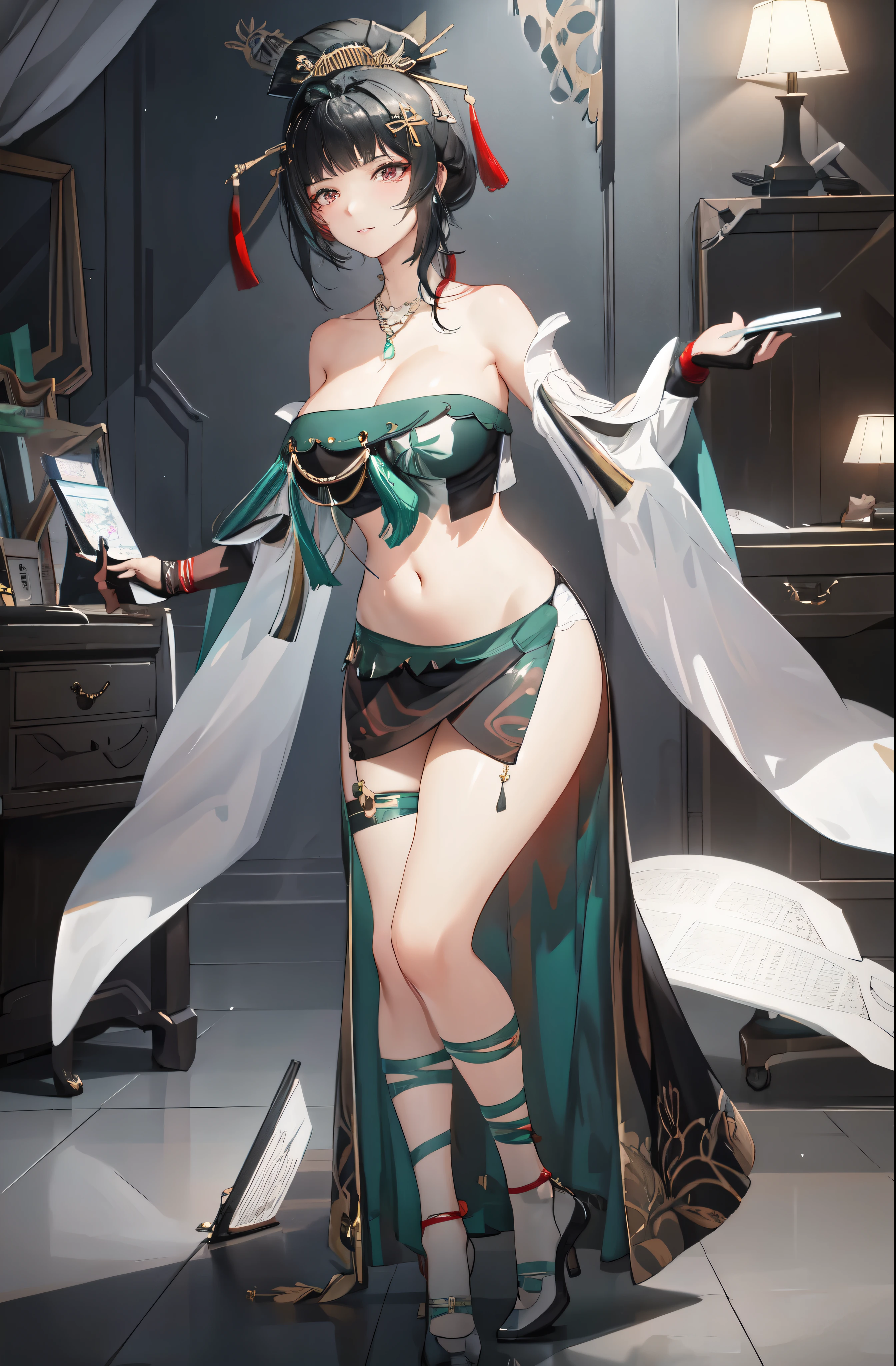 masterpiece, best quality BREAK solo, china dress, highres, 1girl, standing, (large breasts), mature female, hanying, Full body drawing, (masterpiece), (best quality), (hyperdetail), (illustration), ((extremely delicate and beautiful)), (detailed light), (prefect's body), full body drawing, Hanying, HanYing, sexy, sexy belly, sexy belly line, sexy belly button