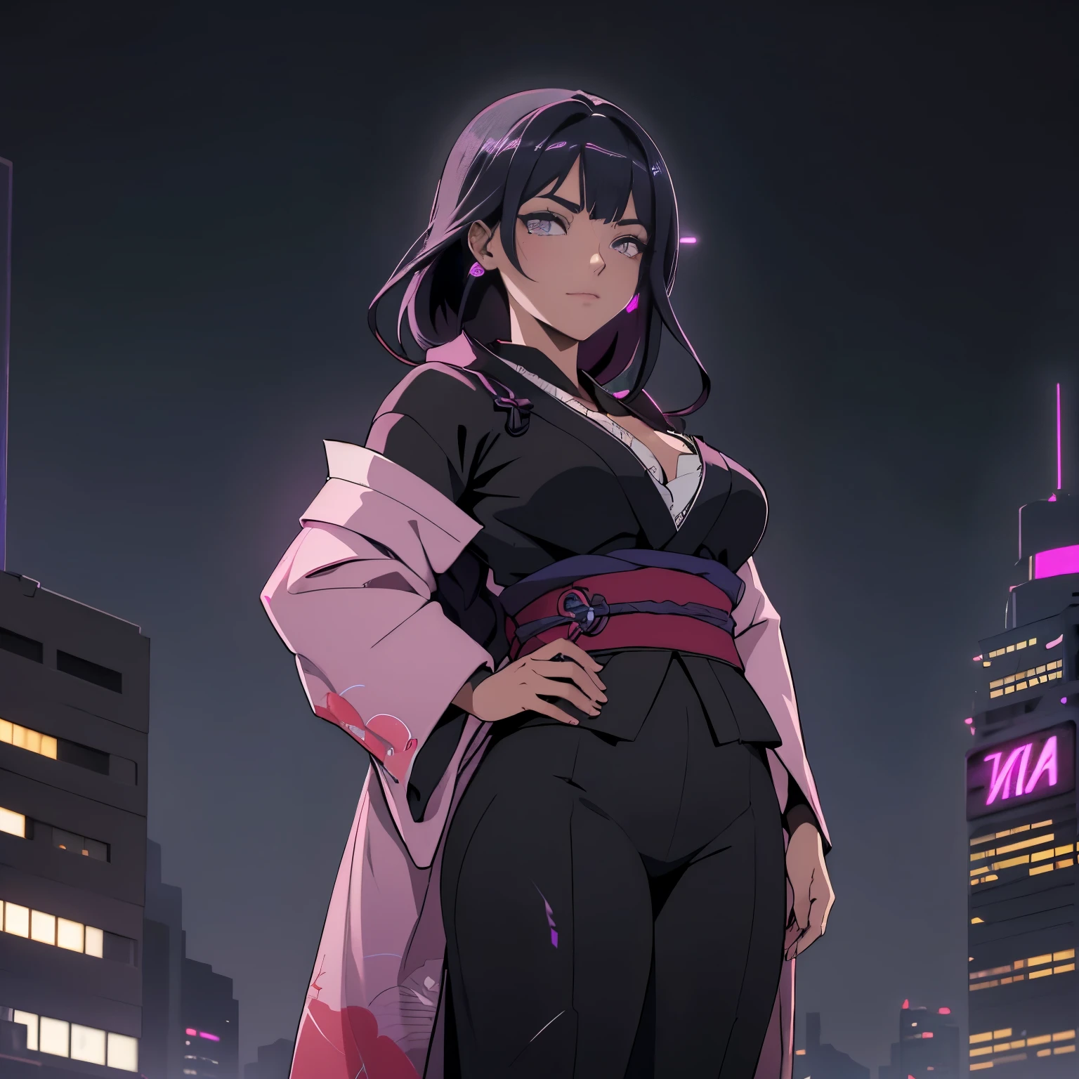 anime, (obra de arte, melhor qualidade, ultra-detalhado, alto contraste), 1 mulher (Sozinho, corpo todo, corpo plus size, standing on the edge of the skyscraper, cabelo prateado, CABELO LONGO E FLUXO, olhos vermelhos brilhantes de rubi, (Kimono preto, black cybernetics with neon pink), meias pretas transparentes), (skyscraper roof, com vista para uma cidade, fundo detalhado ((night time, Darkness, low light pollution)))