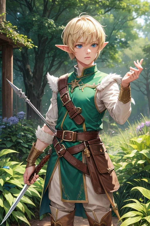 30 year old elf man with short blonde spiky hair, short messy hairstyle with fringes, pointed elf ears, light green medieval clothing, blue eyes holding a spear with, brown boots, brown leather belt, wing decorations on the belt, forest background with magic symbols