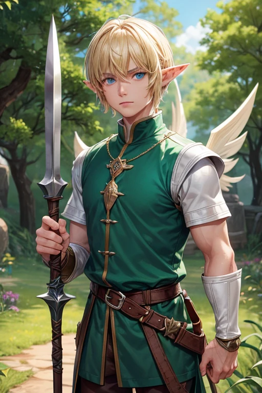 30 year old elf man with short blonde spiky hair, short messy hairstyle with fringes, pointed elf ears, light green medieval clothing, blue eyes holding a spear with, brown boots, brown leather belt, wing decorations on the belt, forest background with magic symbols