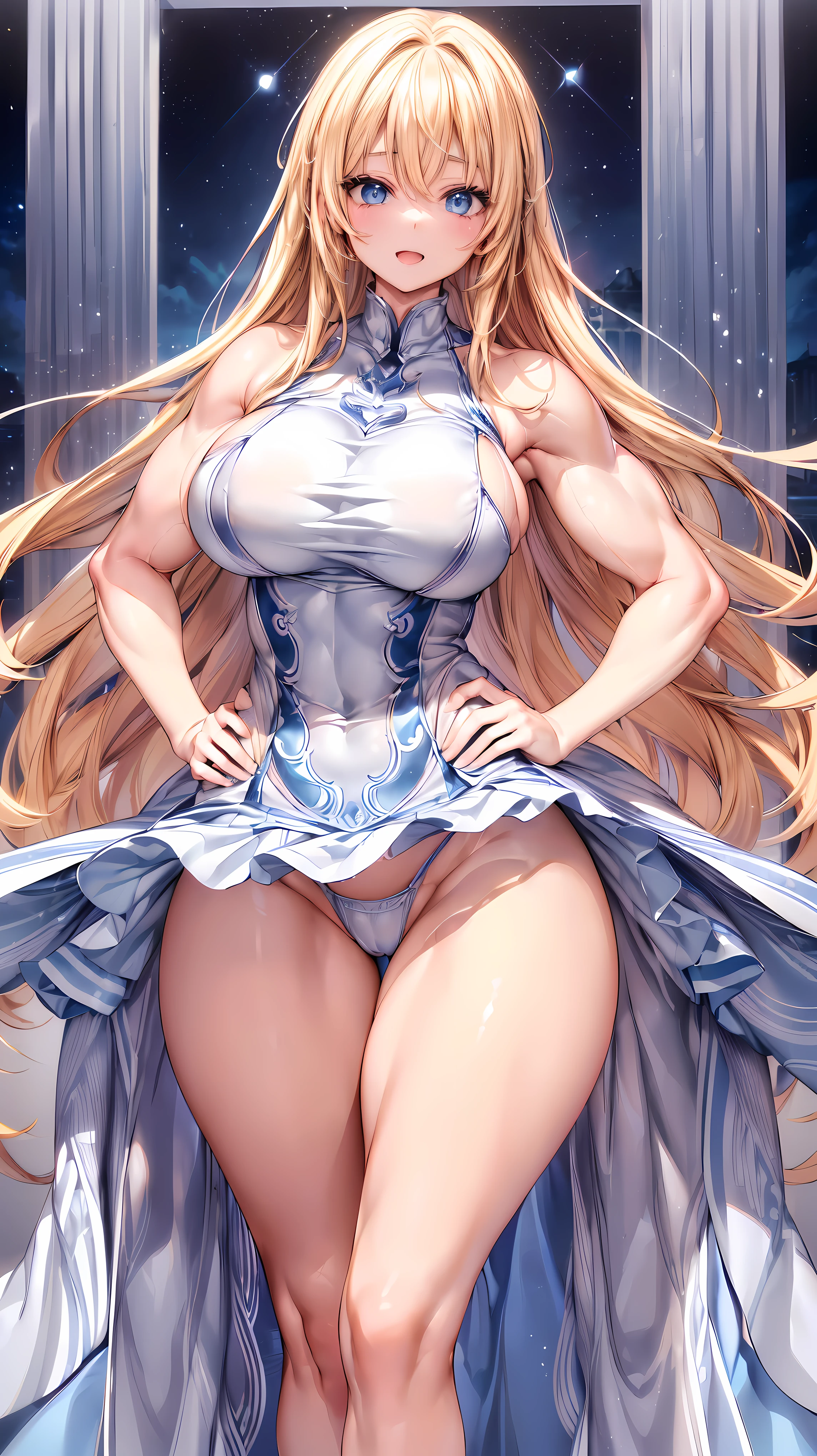 (Adult women:1.5)、Very detailed、highest quality、Best image quality、masterpiece、8k、Anime Face、A kind smile、(Open your mouth:1.3)、Sparkling blue eyes、(Blonde Hair:1.5)、(Muscles of the whole body:1.3)、(High leg:1.5)、Thigh belt、(Wearing underwear:1.5)、(Cowboy Shot:1.5)、(SFW Giant)、(Put your hands on your hips)、(Thick body:1.5)