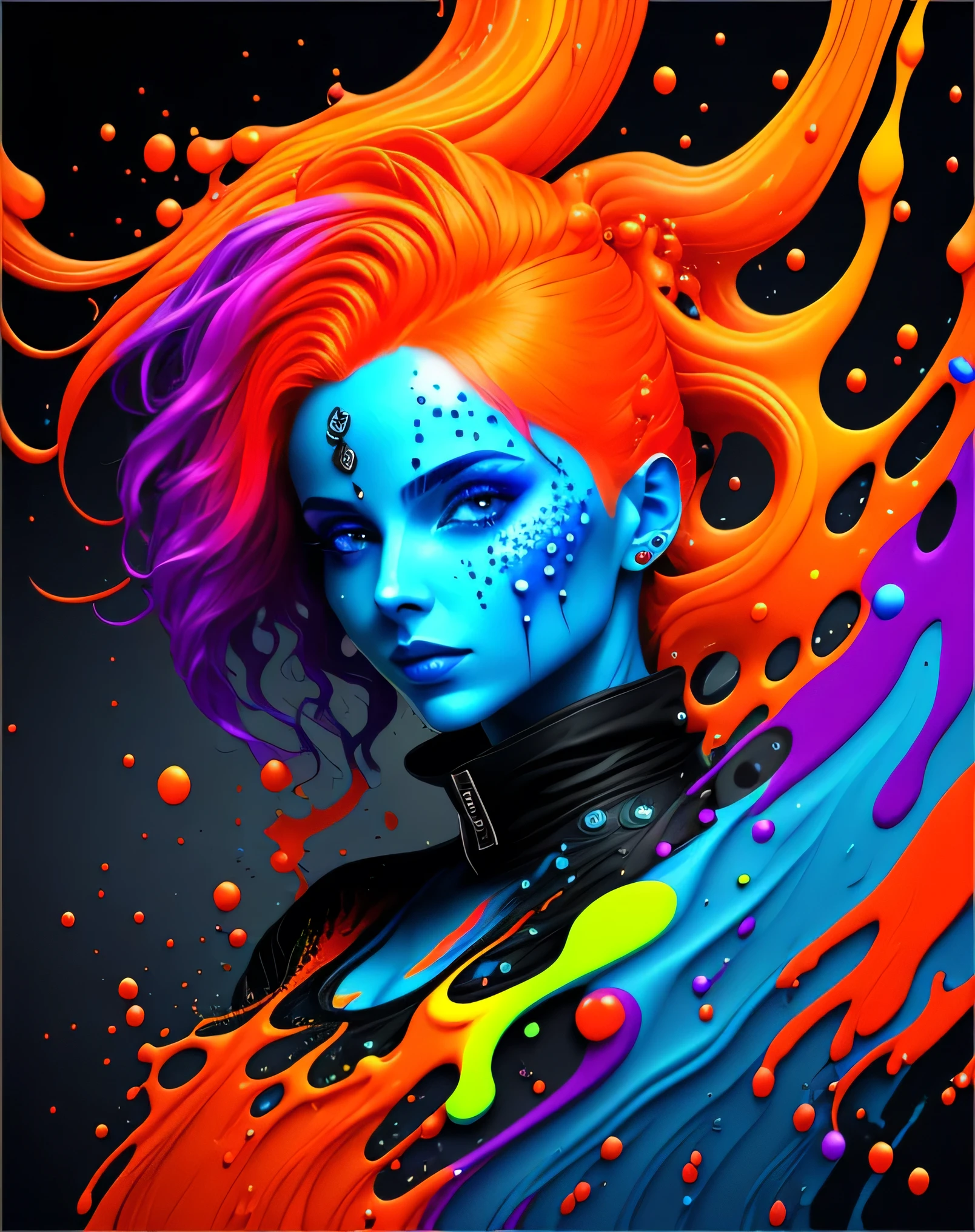 a painting of a woman with colorful hair, fantasy game spell icon, splashes of liquid, computer game art, hyperdetailed colourful, fantasy colours, avatar image, strong blue and orange colors, beautiful avatar pictures, body painted with black fluid, digital art h 9 6 0, rich colourful