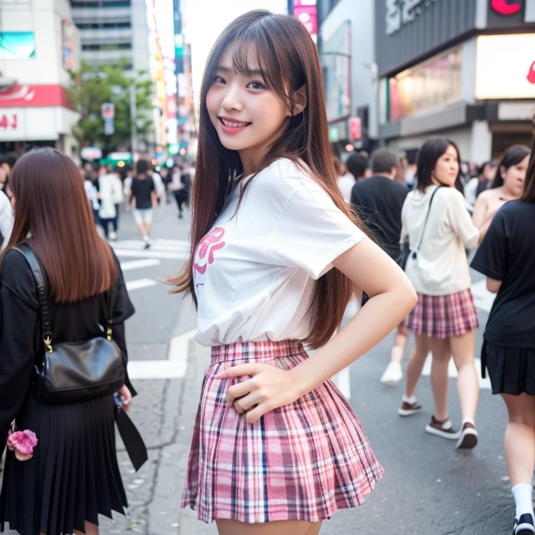 An unforgettable smile,Floating Hair, Flowing Hair, Pink Hair, Long Hair,ピンク iris, Two-tone hair, Beautiful fine hair, Exquisite and beautiful face,, Clear Eyes, Soft lips, iris, Ultra Wide Angle,Full Body Shot, 最high quality、masterpiece、超A high resolution、(Realistic:1.4)、Very detailed CG Unity 8k 壁紙、Detailed and complex、original、High resolution、RAW Photos、(Perfect figure)、Detailed and complex,、Digital SLR、Soft lighting、high quality、Film Grain、Written boundary depth、Leica Camera、50mm lens、Backlight、High resolution、Ultra-realistic、Color Grade、Dynamic pose、Portraiture、Japanese、prohibit、(Crowded Akihabara:1.2)、Front Viewer、Natural soft light、With a girl、20-year-old、Lesbians all over the world、alone、 student、University、uniform、shirt、Bobby Socks、Checkered Pleated Skirt、Daytime、in street、Deep Shadow、cute、beauty、Inconspicuous、Cold light 12000K \\ street、Store status、Akihabara、Shinjuku、Shibuya Ward、Ikebukuro、Detailed and realistic、Skin Texture、Very detailed、リアルなSkin Texture、(dramatic、Award-winning photo、信じられないほどのmasterpiece:1.3), mini skirt, (skirt lift:1.3), (from bottom:1.3)