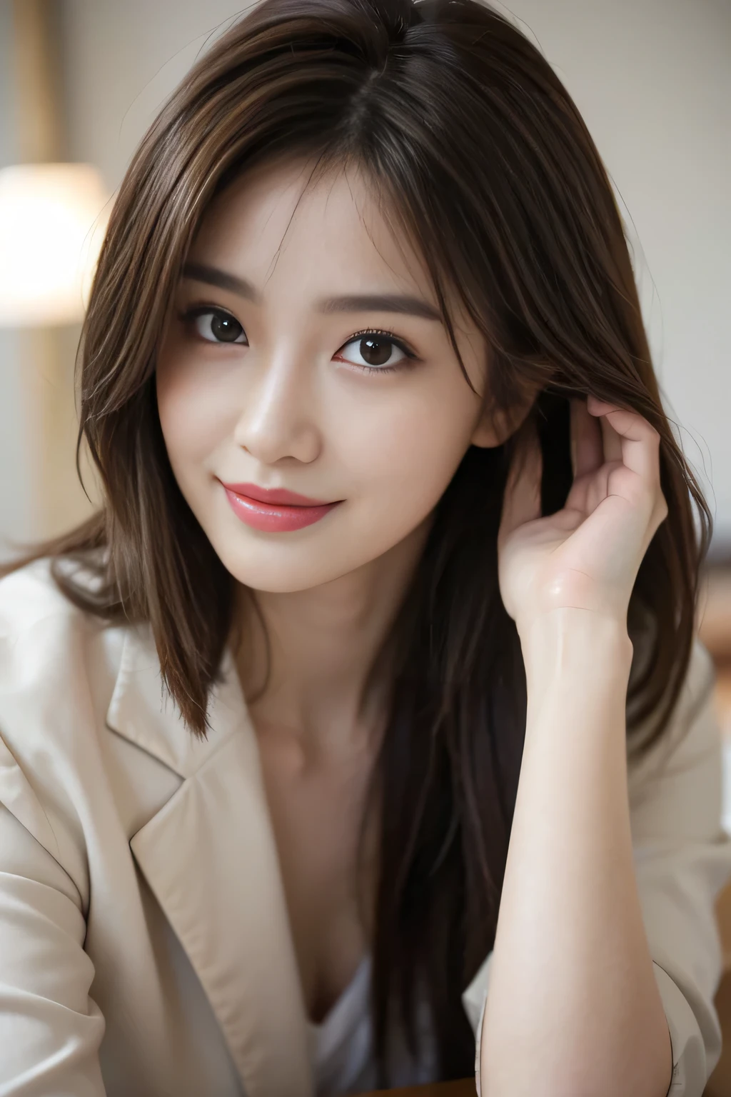 On the table, highest quality, practical, Super detailed, finely, High resolution, 8k wallpaper, One beautiful woman,, Light brown messy hair, Wearing a suit, Clear focus, Perfect dynamic composition, Beautiful and delicate eyes, Thinning hair, Detailed practical skin texture, smile, Close-up portrait, model diagram