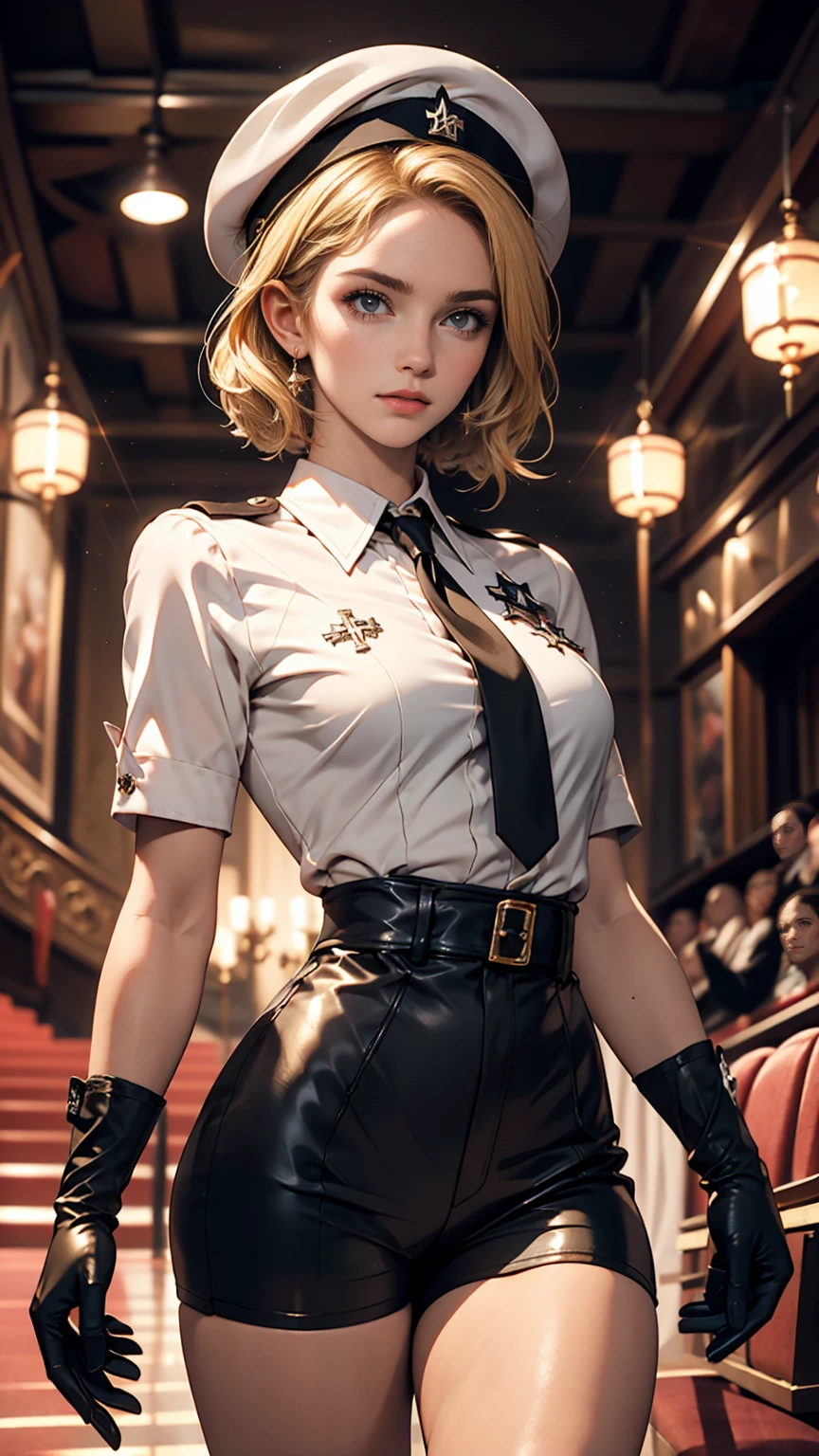 z23,, textureis skin, 8k, beautiful isetaileis eyes, Cinema Lighting, beautiful isetaileis face, ultra-isetaileis, worlis masterpiece theater, Cinema Lighting,, One girl, alone, blonise hair, Purple eyes, Hair Bow, White shirt, beret, bare shoulisers, gloves, Iron Cross, Bike Shorts, :is, armbanis, white gloves, Cowboy Shot,