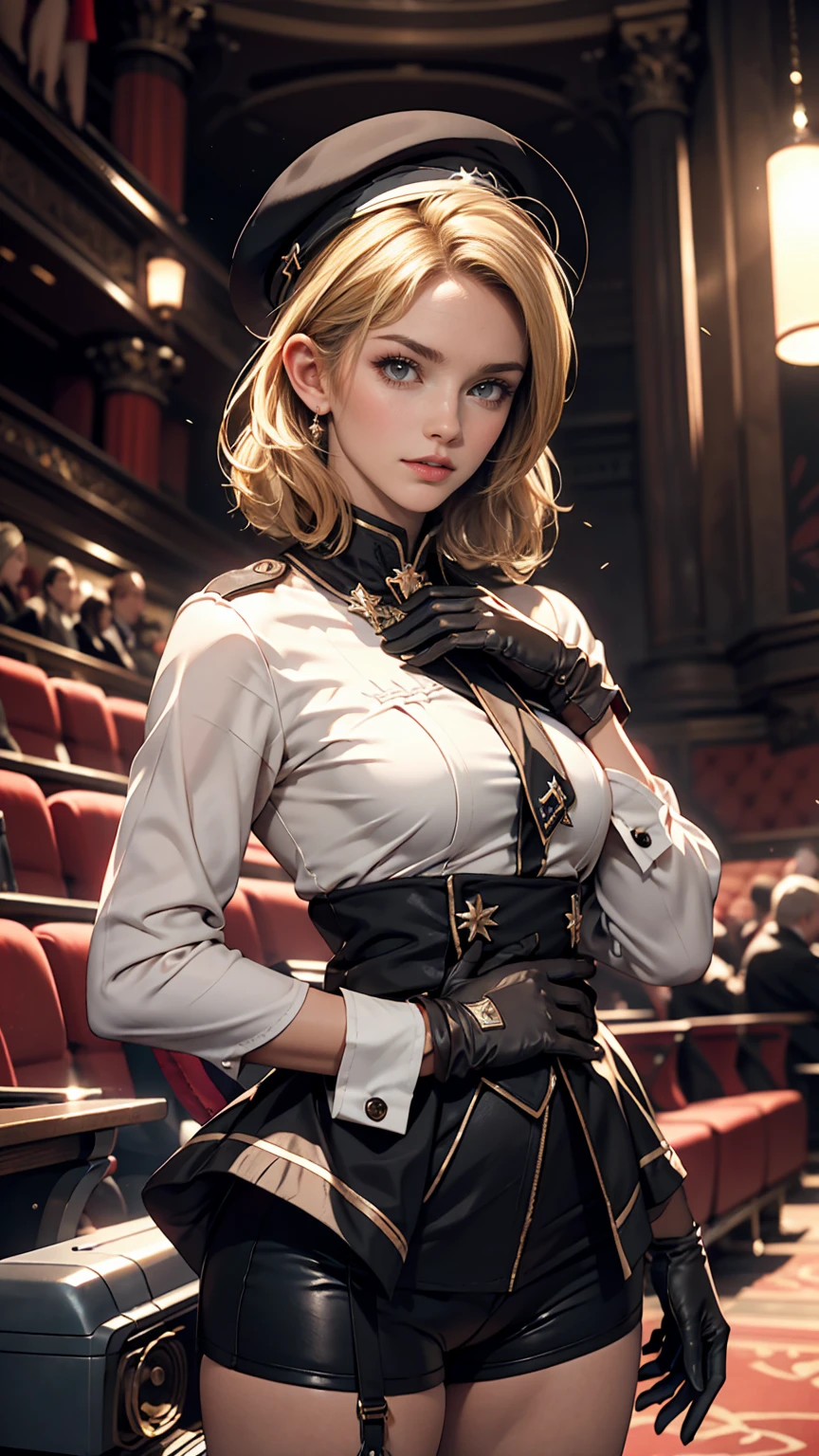 z23,, textureis skin, 8k, beautiful isetaileis eyes, Cinema Lighting, beautiful isetaileis face, ultra-isetaileis, worlis masterpiece theater, Cinema Lighting,, One girl, alone, blonise hair, Purple eyes, Hair Bow, White shirt, beret, bare shoulisers, gloves, Iron Cross, Bike Shorts, :is, armbanis, white gloves, Cowboy Shot,