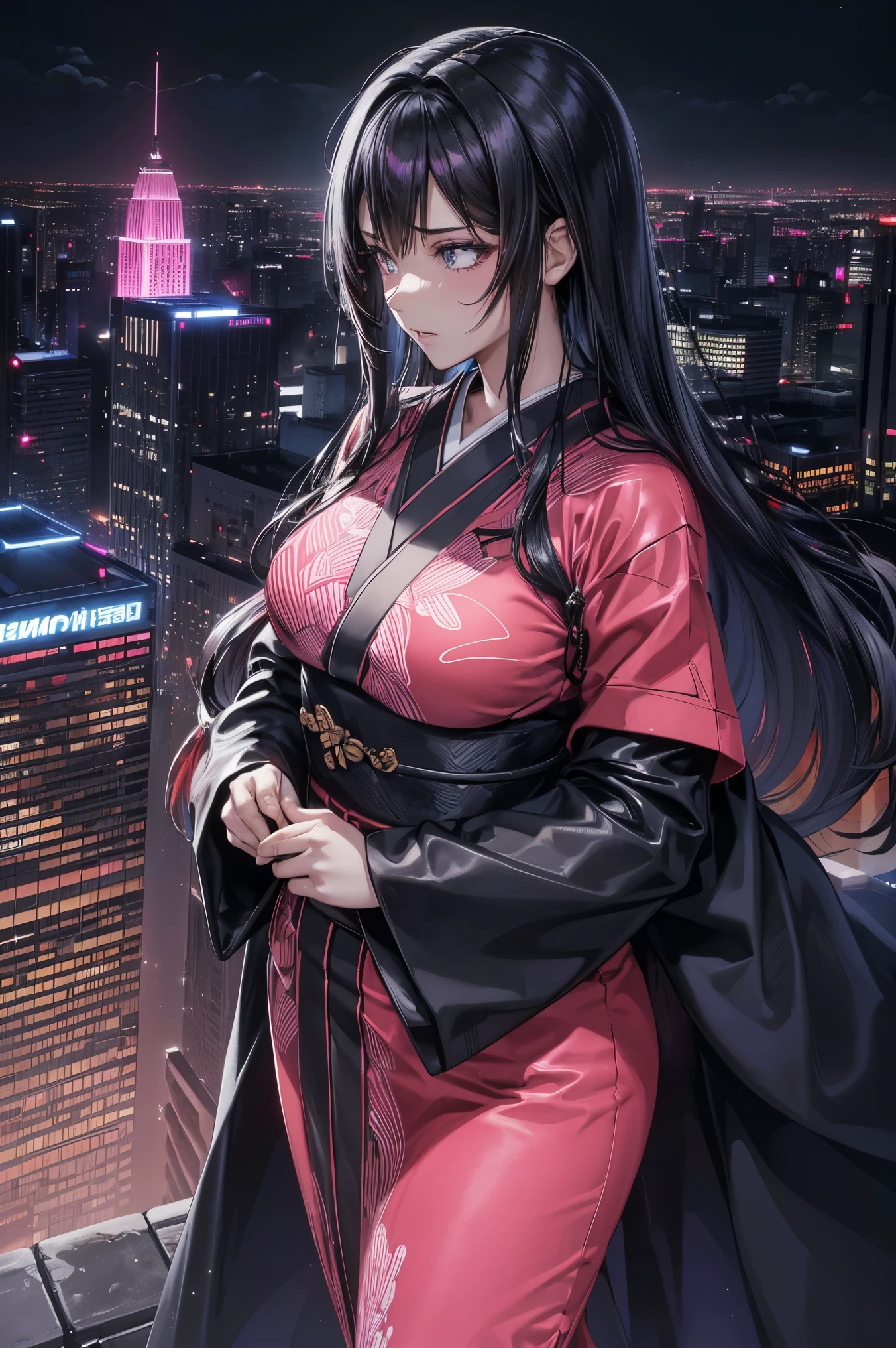 anime, (obra de arte, melhor qualidade, ultra-detalhado, alto contraste), 1 mulher (Sozinho, corpo todo, corpo plus size, standing on the edge of the skyscraper, cabelo prateado, CABELO LONGO E FLUXO, olhos vermelhos brilhantes de rubi, (Kimono preto, black cybernetics with neon pink), meias pretas transparentes), (skyscraper roof, com vista para uma cidade, fundo detalhado ((night time, Darkness, low light pollution)))