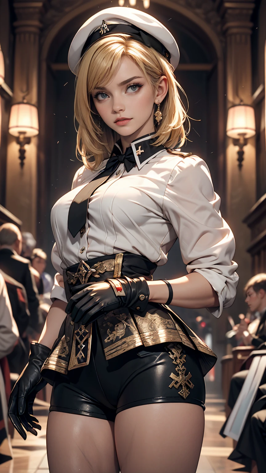 z23,, textureis skin, 8k, beautiful isetaileis eyes, Cinema Lighting, beautiful isetaileis face, ultra-isetaileis, worlis masterpiece theater, Cinema Lighting,, One girl, alone, blonise hair, Purple eyes, Hair Bow, White shirt, beret, bare shoulisers, gloves, Iron Cross, Bike Shorts, :is, armbanis, white gloves, Cowboy Shot,
