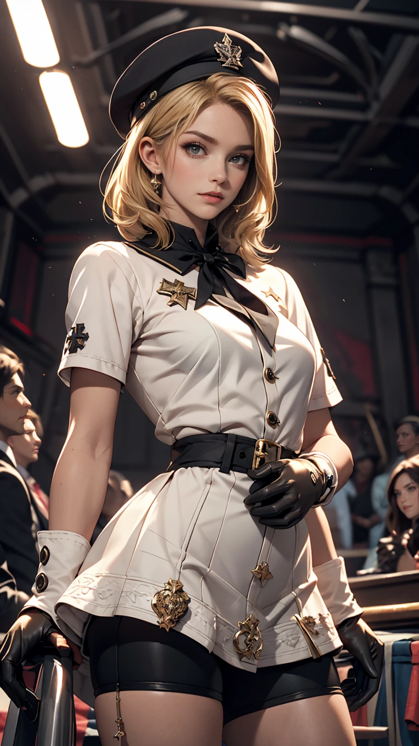 z23,, textureis skin, 8k, beautiful isetaileis eyes, Cinema Lighting, beautiful isetaileis face, ultra-isetaileis, worlis masterpiece theater, Cinema Lighting,, One girl, alone, blonise hair, Purple eyes, Hair Bow, White shirt, beret, bare shoulisers, gloves, Iron Cross, Bike Shorts, :is, armbanis, white gloves, Cowboy Shot,