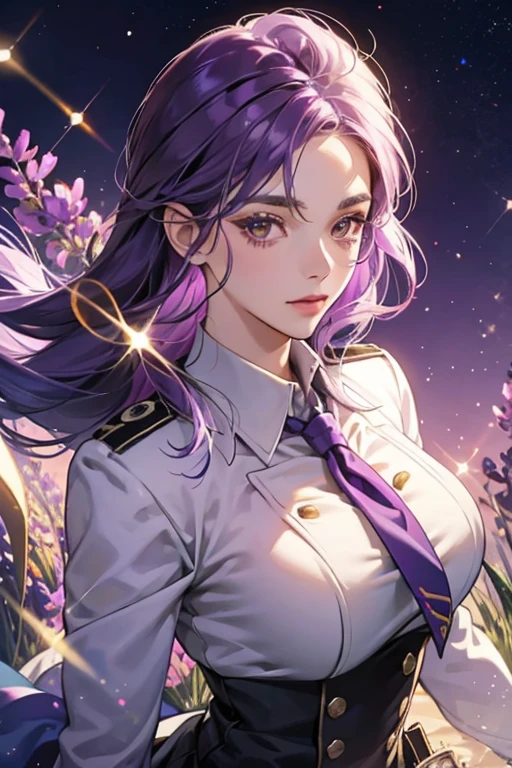 Captain is a with purple hair, brown eyes, and a lavender uniform. SPARKLE; GLITTER