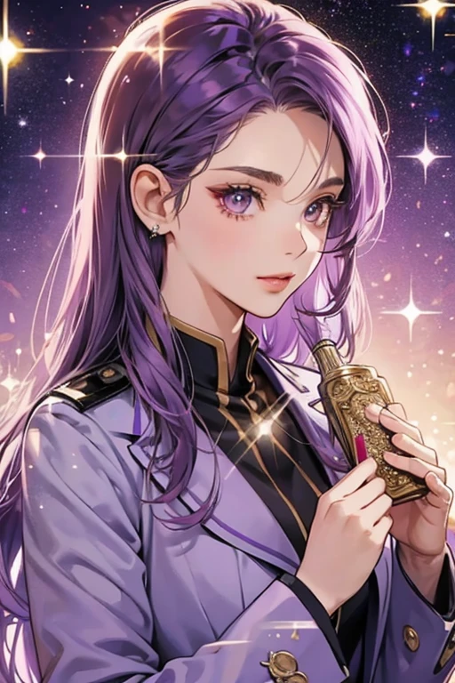 Captain is a with purple hair, brown eyes, and a lavender uniform. SPARKLE; GLITTER