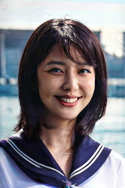 8K RAW Photos, highest quality, masterpiece, Ultra-high resolution, 3D, Realistic, One Girl, Asian, black_hair, black_Sailor_collar, length_hair, nose, neckerchief, Natural skin texture, light brown_eye, detailed eyes and face, smile, Beautiful legs, Huge breasts: 1.4、Plump belly、Beautiful seaside location, (Detailed Background), (Huge breasts: 1.5), Blurred Background, Tiny Bikini Swimsuit、Chubby、Big Ass、