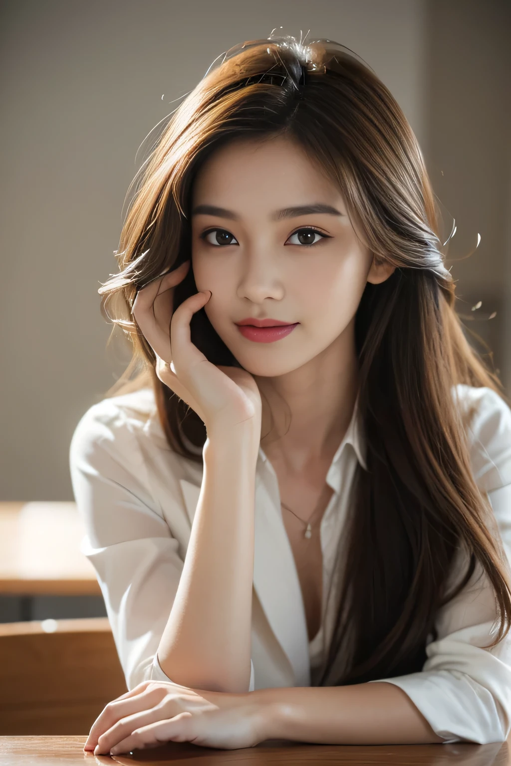 On the table, highest quality, practical, Super detailed, finely, High resolution, 8k wallpaper, One beautiful woman,, Light brown messy hair, Wearing a suit, Clear focus, Perfect dynamic composition, Beautiful and delicate eyes, Thinning hair, Detailed practical skin texture, smile, Close-up portrait, model diagram