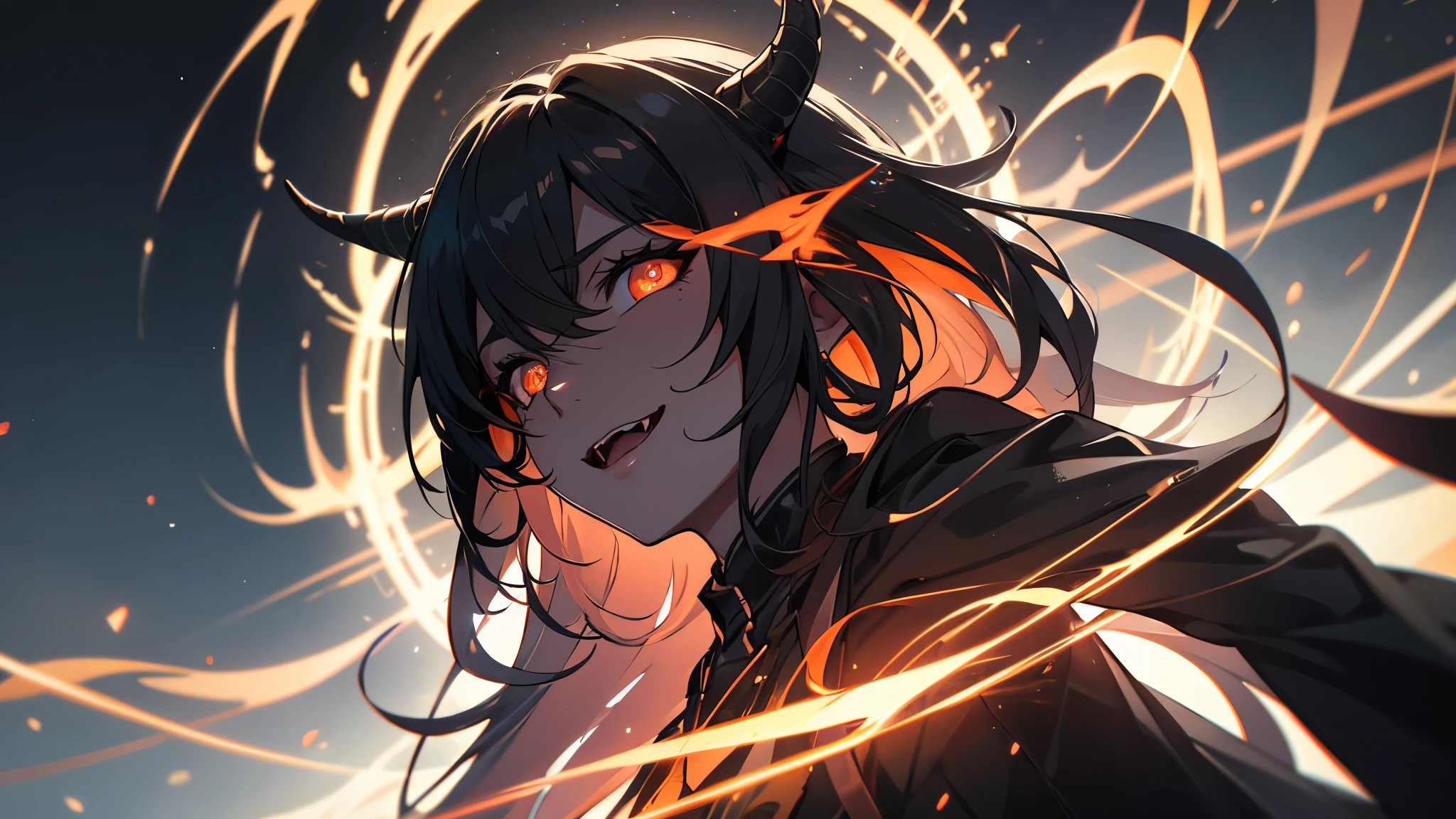 Glowing eyes in maximum darkness, A devilish smile with bared fangs, full dark, dark, break, female silhouette in the dark, Almost invisible, (Ultra-realistic), {Highly detailed CG unit 8k wallpaper}, Vast landscape photography, (Showing people、Low distance shot with focus on the scene, Vast open field views), (Low angle shot), (highlight: 0), (Low Light: 0.5)(Warm light source: 0.5), More information Complex, (Rainbow-colored: 0.5), (Bright lighting), (Atmospheric lighting), darkest
