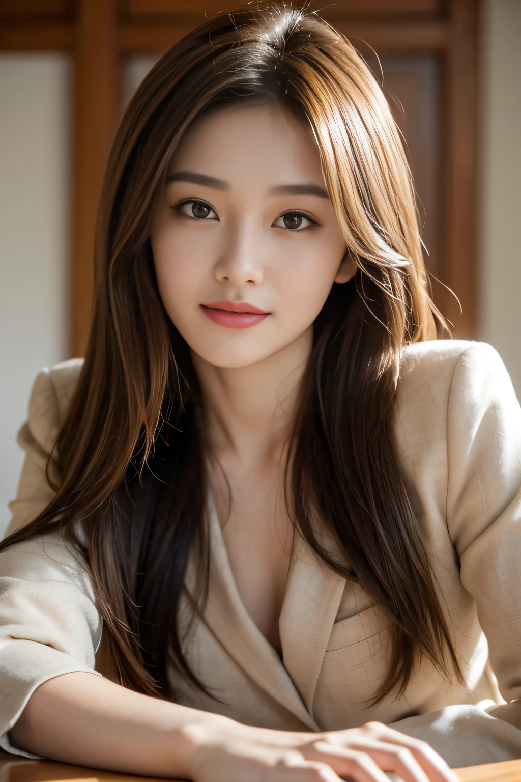 On the table, highest quality, practical, Super detailed, finely, High resolution, 8k wallpaper, One beautiful woman,, Light brown messy hair, Wearing a suit, Clear focus, Perfect dynamic composition, Beautiful and delicate eyes, Thinning hair, Detailed practical skin texture, smile, Close-up portrait, model diagram