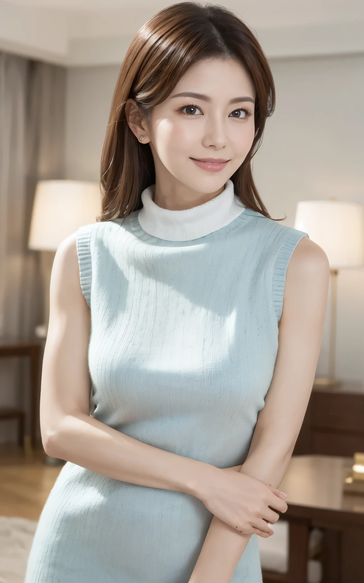(highest quality, table top, 8K, best image quality、Award-winning work), one beautiful woman, (wearing long knit with sleeveless:1.2), Shining beautiful skin Fair-skinned super high detail skin, (accurate anatomy:1.2), The most classy apartment living room, A gentle smile looking at me(close up:1.2), Standing gracefully(stand gracefully:1.1), Very bright and clean(blurred background:1.1), photo portrait, Refreshing colors of youth, illuminated white skin, very bright and vivid, makeup:0.5