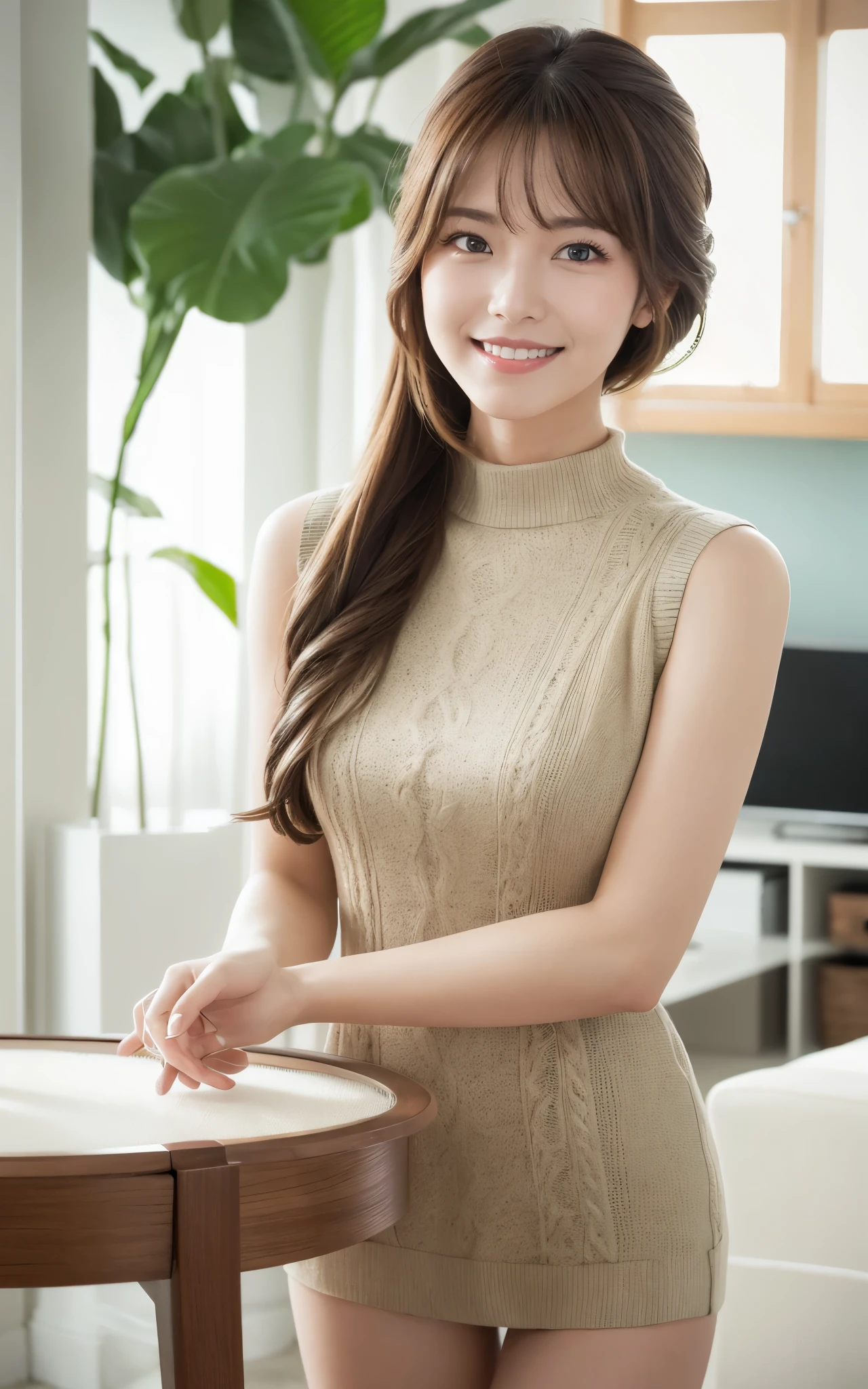 (highest quality, table top, 8K, best image quality、Award-winning work), one beautiful woman, (wearing long knit with sleeveless:1.2), Shining beautiful skin Fair-skinned super high detail skin, (accurate anatomy:1.2), The most classy apartment living room, The most classy living room interior, A gentle smile looking at me(close up:1.2), Standing gracefully(stand gracefully:1.1), Very bright and clean(blurred background:1.1), photo portrait, Refreshing colors of youth, illuminated white skin, (The most natural and practical real furniture arrangement:1.1), very bright and vivid, (Real Yua Mikami'face:1.1), (Highly detailed Real Yua Mikami'face:1.1), (Yua Mikami'Perfect face drawn in every detail:1.1), no makeup