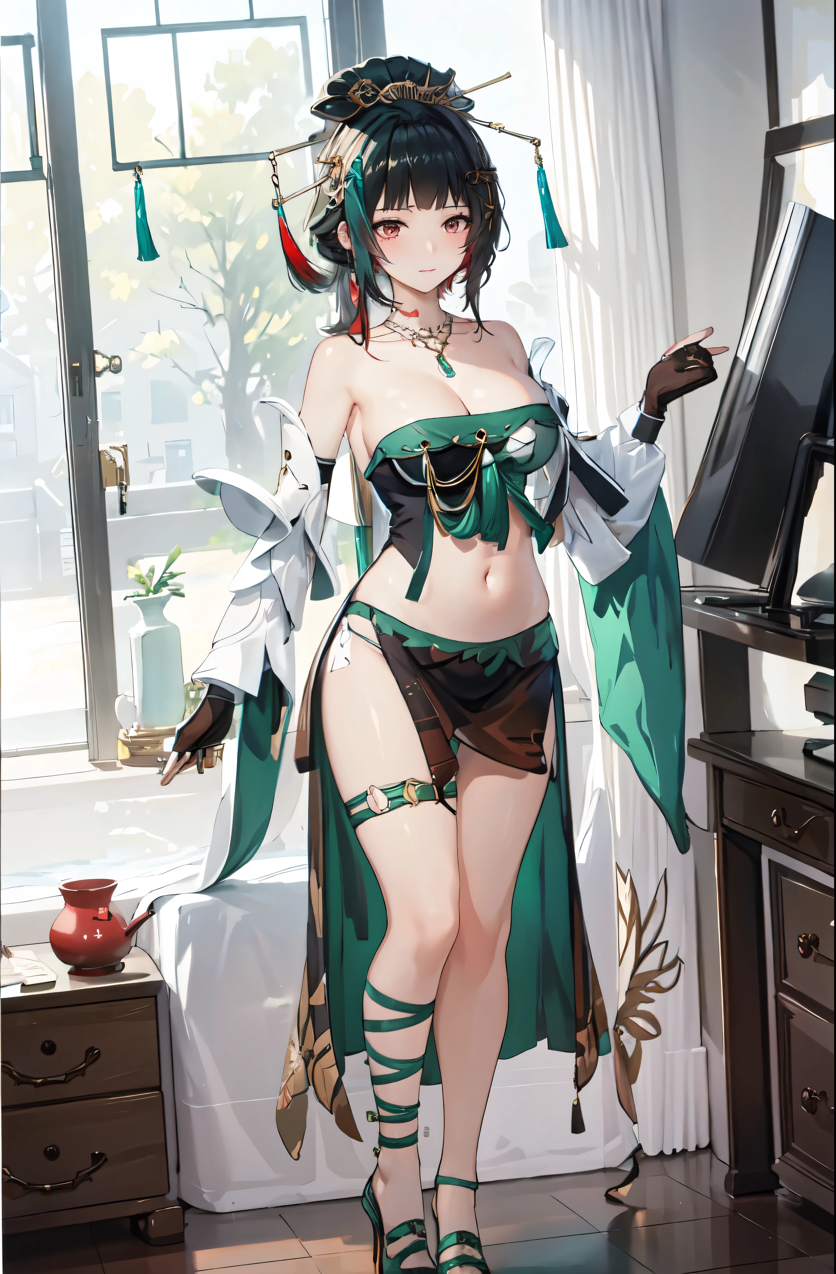 masterpiece, best quality BREAK solo, china dress, highres, 1girl, standing, (large breasts), mature female, hanying, Full body drawing, (masterpiece), (best quality), (hyperdetail), (illustration), ((extremely delicate and beautiful)), (detailed light), (prefect's body), full body drawing, Hanying, HanYing, sexy, sexy belly, sexy belly line, sexy belly button