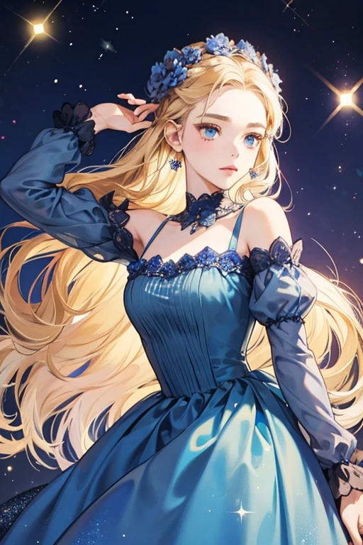Beatrice is with sandy-blonde hair and dark blue eyes and wears a cornflower blue dress. SPARKLE; GLITTER