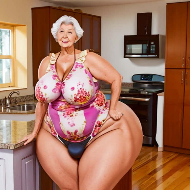 Enormous booty granny wearing bikini in kitchen showing off booty for viewer   ,full body , very large bosum ,very large cheeks,very large thighs, very wide hips,largest haunches ever