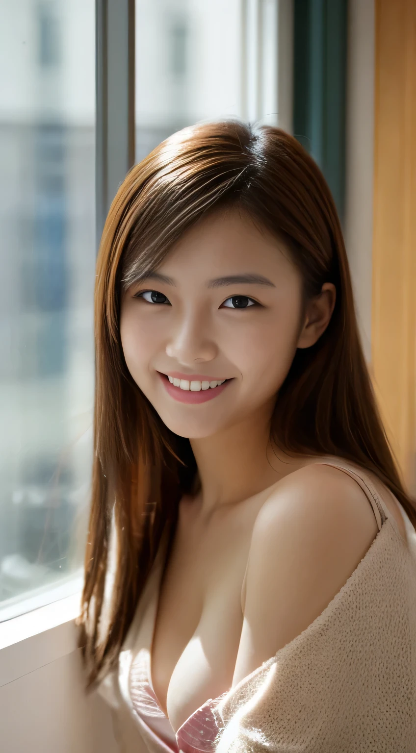 masterpiece,best quality,(Japanese ),((Beautiful girl)),cleavage,indoor,(perfect body beauty:1.2),(shy smile),beautiful teeth,