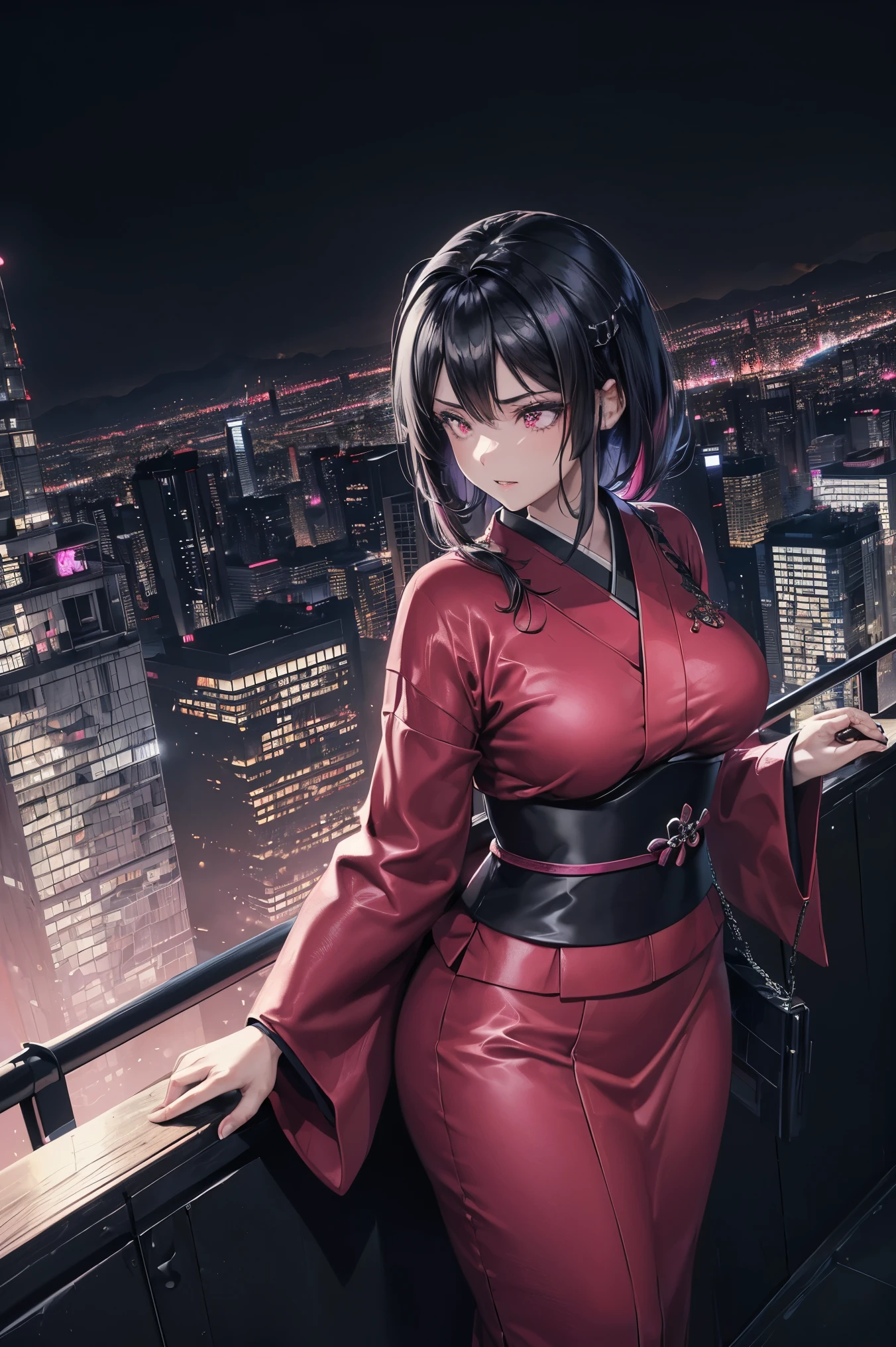 anime, (obra de arte, melhor qualidade, ultra-detalhado, alto contraste), 1 mulher (Sozinho, corpo todo, corpo plus size, standing on the edge of the skyscraper, cabelo prateado, CABELO LONGO E FLUXO, olhos vermelhos brilhantes de rubi, (Kimono preto, black cybernetics with neon pink), meias pretas transparentes), (skyscraper roof, com vista para uma cidade, fundo detalhado ((night time, Darkness, low light pollution)))