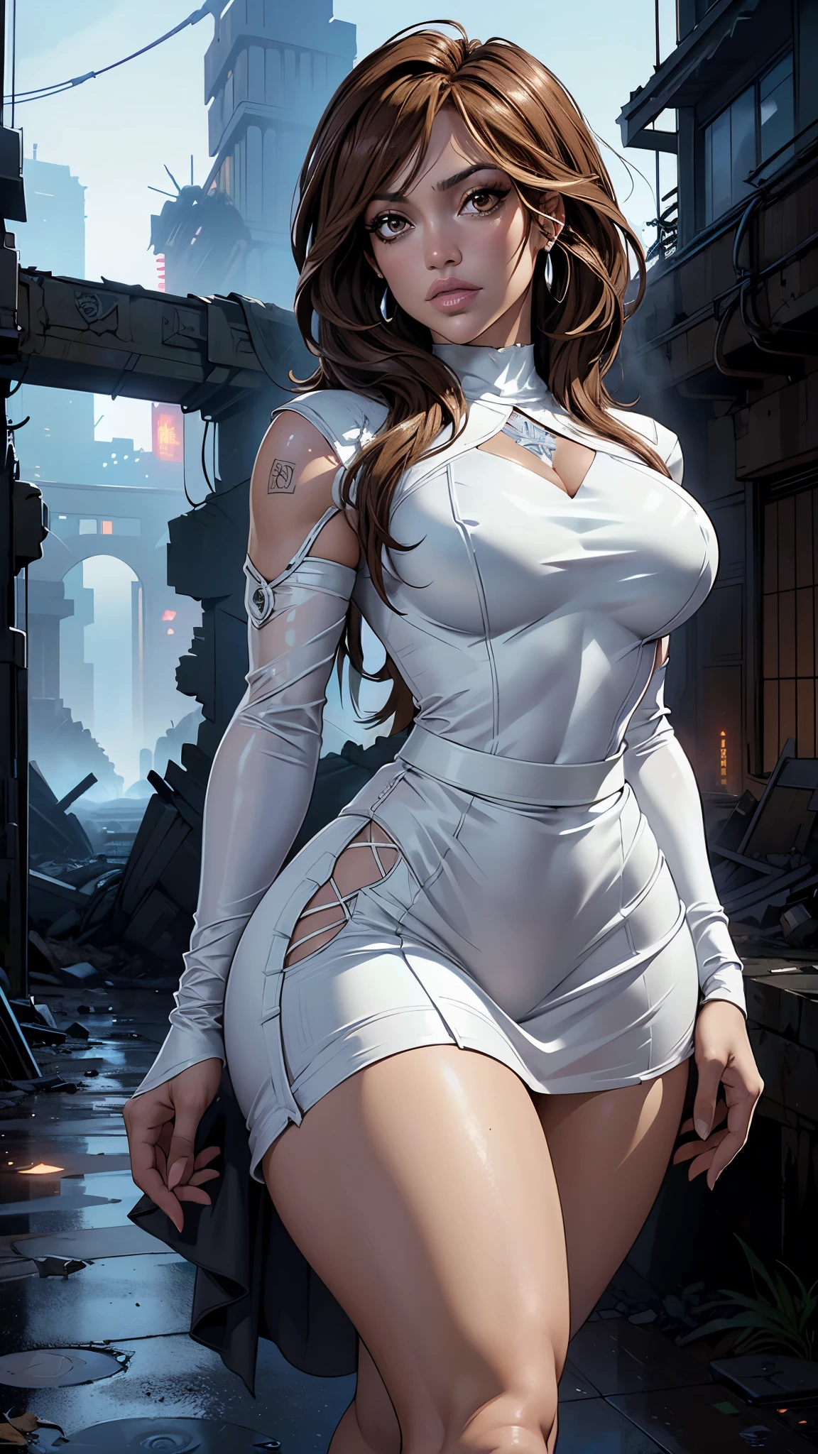 (La mejor calidad,A high resolution,Ultra - detallado,actual),Jennifer Lopez with a tight transparent plastic dress,(miniskirt white colegiala :1.4),( top corto sudadera white :1.4), cabello largo rubio, ,(Ruined alley Tokyo cyberpunk dungeon ruins background :1.4 ), More detailed 8K.motor irreal:1.4,UHD,La mejor calidad:1.4, fotorrealista:1.4, textura de la piel:1.4, obra maestra:1.8,obra-prima, mejor calidad,objeto Objeto], (detailed face features:1.3),(Las proporciones correctas),(Ojos hermosos azules),  (pose vaquero),( jennifer lopez:1.4),(jennifer lopez V2.1), (Detalles de la cara: 1.5, (beautiful brown eyes :1.4) , hermoso rostro, ojos bonitos, Contorno del iris, labios delgados: 1.5, Thin, sharp pale eyebrows, Long, dark eyelashes, double tabs),,( ciberpunk 2.1), vestuario cyberpunk, (pantimedias white nylon :1.4) 