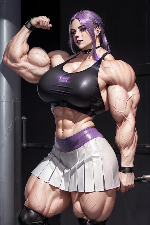 (((((Massive, tall, beautiful, pale white skinned, buff, muscular woman with violet purple hair, black lipstick, ginormous bulky muscles and wearing a white leather sports bra with pleated skirt))))), (close view), (massive muscle), massive biceps, hyper muscle shoulders, vascular shoulders, hyper muscle triceps, (long hair with long bangs), black eyes, (wristbands), choker, school shoes, (in penitentiary), fingerless gloves, closed smile, night, hyper vascular arm, hyper muscles arms, hyper muscle legs, massive arms.