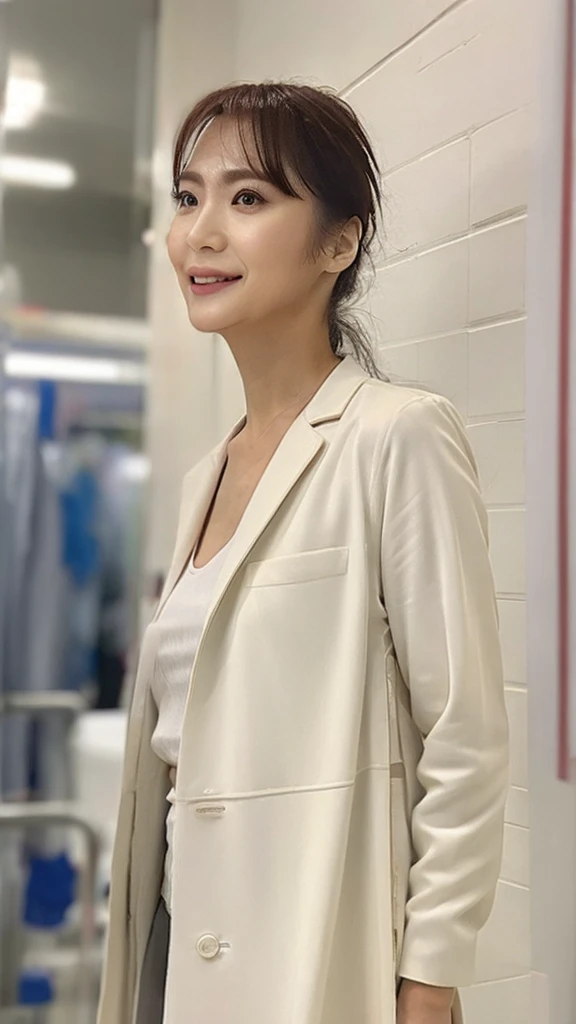 ((Top Quality)), ((8K)), ((Masterpiece: 1.3)), (Perfect Appearance), (Photorealism: 1.6), (Japanese mature woman working in a hospital), (Inside the hospital), (clear background), japanese woman, (55 years old), ((Standing upright, facing forward, center of screen)), ((Realistic skin texture)), (Fine wrinkles throughout the skin: 1.3), (Dull skin: 1.1), (Skin without moisture: 1.2) , (Wrinkles on the face: 0.9), (Wrinkles on the corners of the eyes: 1.2), Double eyelids, tear bags on the lower eyelids, (Crying moles: 0.9), The eyes are looking here, serious gaze, (Dimples: 1.2), smile with the corners of the mouth raised wide, straight medium length, thin hair, glamorous body, (A white coat that fits your body perfectly: 1.2), Lines of underwear are visible, nurse sandals, (standing figure, whole body portrait: 1.4), (low angle: 1.4),