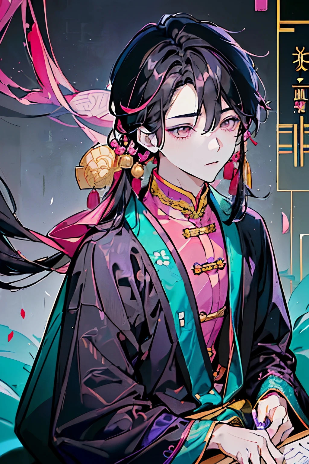 ((boy around 18 years old)),(Black Hair:1.3),(Long Hair:1.3),(Chinese style single layer costume:1.45),((afternoon nap:1.2)),(Dozing off:1.45),((Pink, yellow, red, light blue, yellow-green, purple, and many other colors.:1.25)),((Terakoya:1.3))