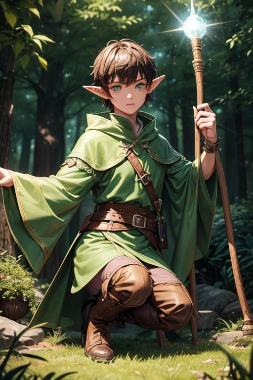 30 year old elf man with short spiky brown hair, short messy hairstyle with fringes, pointed elf ears, light druid medieval clothing, jade root ornaments, green eyes holding a staff, brown boots, brown. leather belt. roots decorations on the belt, forest background with magic symbols