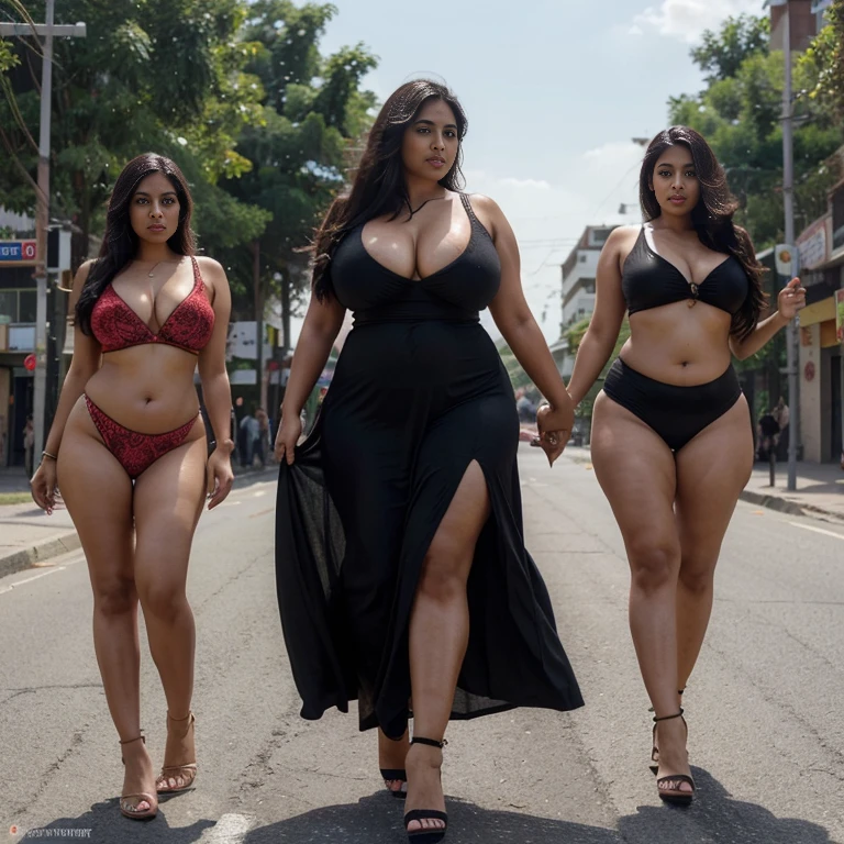 Indian women,30 year old,pretty face,big and voluptuous breasts, gigantic and enormous butt, thickest thigh,huge knockers,widest hips, lowest waist,slim tummy, wearing black Belly dance dress, walking at public road and her dress is blowing by wind