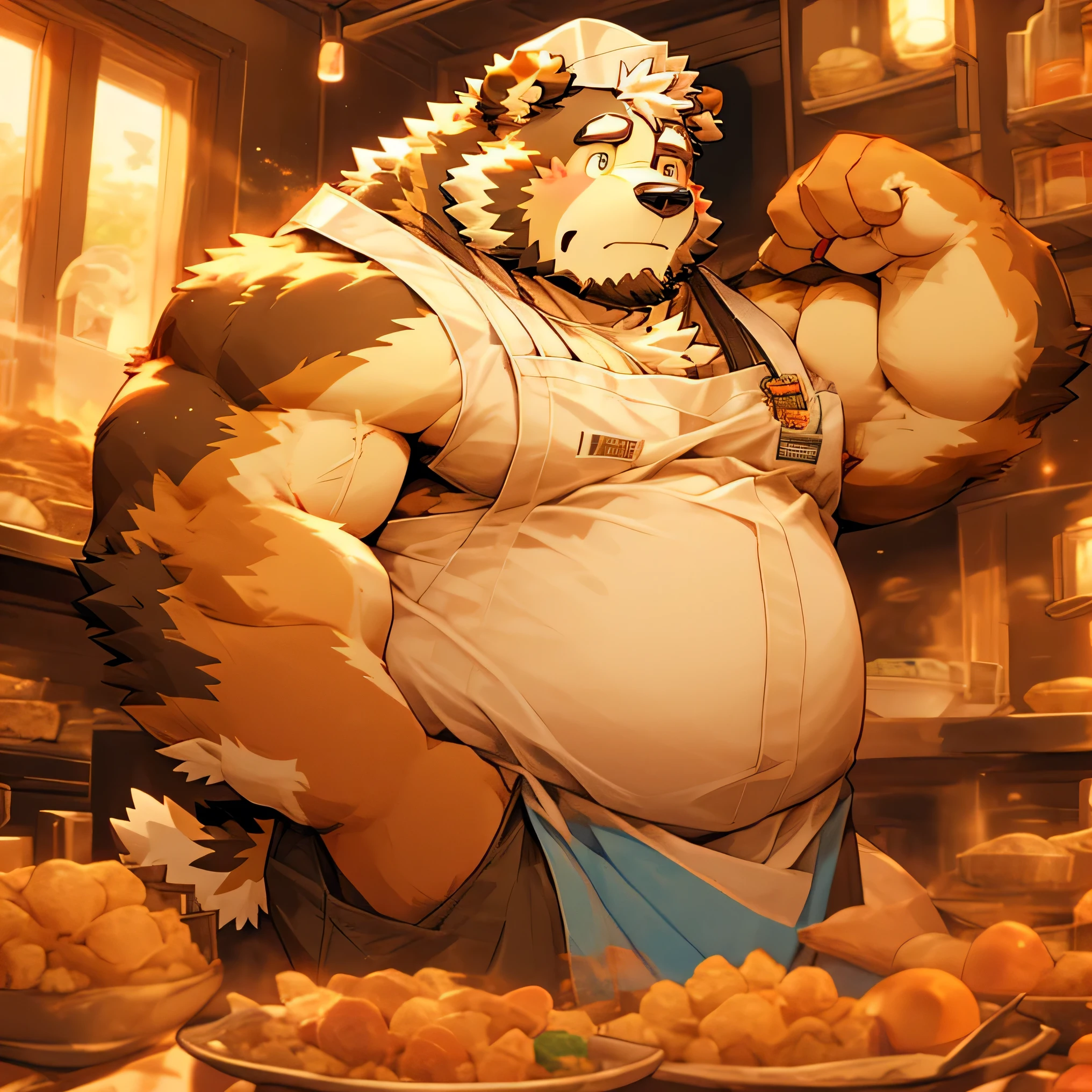 chef's cap, man, alone, apron, kemono, from below, barazoku, looking up, furry dog (Saint Bernard breed), hairy, muscular body, fat (fat, fat)