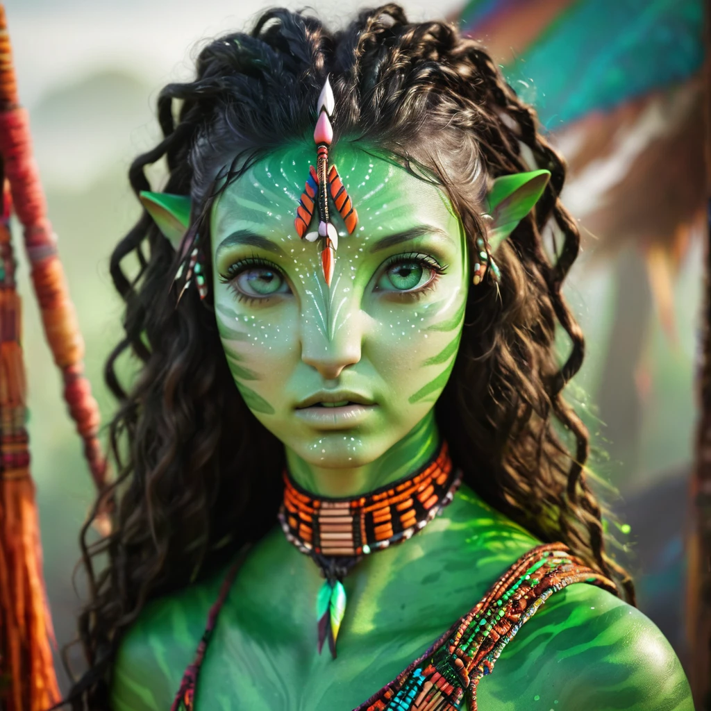 avatar style, (face portrait:1.6), 1girl, female, glowing blue eyes, pointy ears, (green skin tone:1.0), (curly hair:1.0), black hair color, ((long hair)), (young adult), 18 years old, face wrinkles, wearing colorful tribal clothing, (wearing tribal acessories), detailed eyes, toned body, muscled body, vibrant colors, glowing, ethereal atmosphere, surrealistic dreamy lighting, textured skin, otherworldly beauty, mesmerizing photography, (best quality, highres), vivid colors, ultrarealistic, skin details, striped skin, sfw, face close-up:0.5, ultradetailed body, ((green skin))