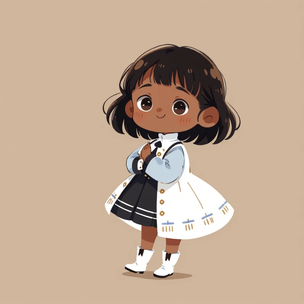 1 brown skin girl, Stand with your body facing forward, mouth is smiling, holding a little white bunny, ((highest quality, expensive_solve, clear_image)), (black hair), long style, (black eyes), (Wear boots on your feet), coat and dress, ((cozy art)), Little, mini, very short height, no background