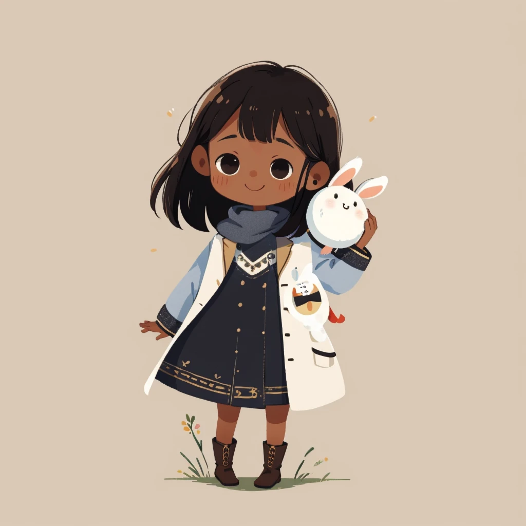 1 brown skin girl, Stand with your body facing forward, mouth is smiling, holding a little white bunny, ((highest quality, expensive_solve, clear_image)), (black hair), long style, (black eyes), (Wear boots on your feet), coat and dress, ((cozy art)), Little, mini, very short height, no background