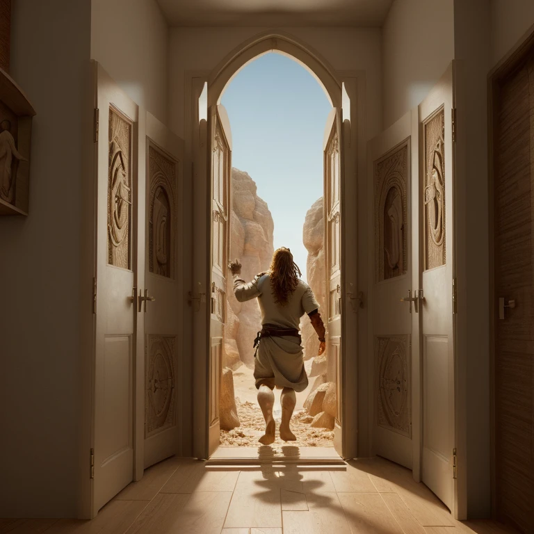 1. Illustration of a human mind with doors opening, suggesting a journey of discovery and understanding. (BIBLE STORY IMAGE, high resolution 8k, ROSTOS DEFINIDOS)