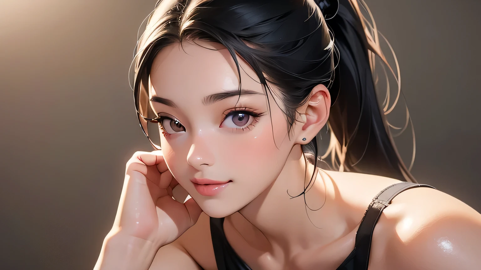 8k, highest quality, ultra high resolution, 1 female, 1980s pop culture anime style, 21 years old, (masterpiece, high resolution, detailed), Japanese, sweating, short cut, ponytail, big breasts (photorealistic) :1.4), (Famous Japanese actress:1.2), very beautiful, cute, professional photo, very delicate and beautiful, very detailed, very detailed beautiful girl, very detailed face, very detailed eyes, very detailed skin, very detailed fingers, very detailed nose, very detailed mouth, perfect anatomy, realistic body, fair skin, shiny skin, slender body, good figure, looking at viewer, smile, cute laugh Face (Black hair, (Ponytail, Beautiful girl, Perfect small face, F cup, Big breasts, Top quality, Ultra high resolution, Detailed background, Masterpiece, Anatomically correct, Detailed face, Beautiful face in every detail, Cute 20 Beautiful girl in her s, black hair, top quality, 4K quality, beautiful, 21 year old woman doing yoga barefoot.