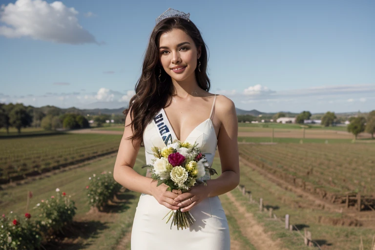 miss universo elegante com tiara meio corpo e banner escrito miss, no campo de agricultura, vestido longo, bouquet, feliz