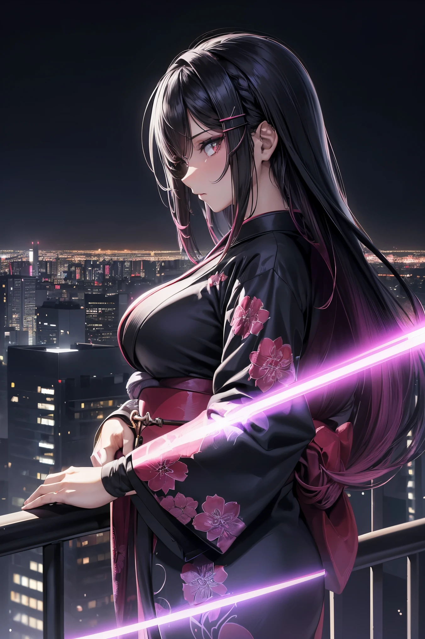 anime, (obra de arte, melhor qualidade, ultra-detalhado, alto contraste), 1 mulher (Sozinho, corpo todo, corpo plus size, standing on the edge of the skyscraper, cabelo prateado, CABELO LONGO E FLUXO, olhos vermelhos brilhantes de rubi, (kimono preto, black cybernetics with neon pink), meias pretas transparentes), (skyscraper roof, com vista para uma cidade, fundo detalhado ((night time, Darkness, low light pollution)))