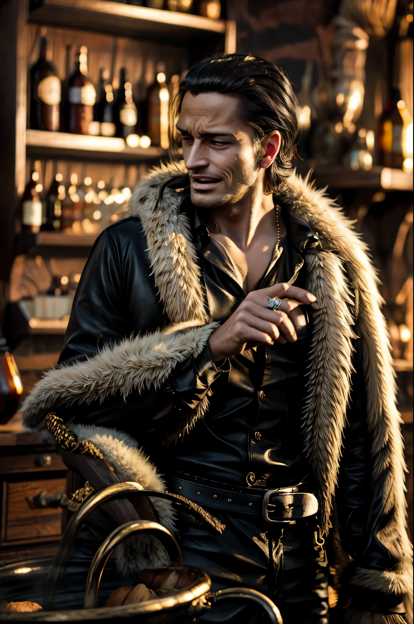 masterpiece, best quality, extremely detailed, hyperrealistic, photorealistic, a cool 40s man, ultra detailed face:1.2, fur-trimmed coat, scarf around the neck, his left hand is a golden pirate hook:1.1, at bar:1.2, beer, cigar, laughing, dynamic pose
