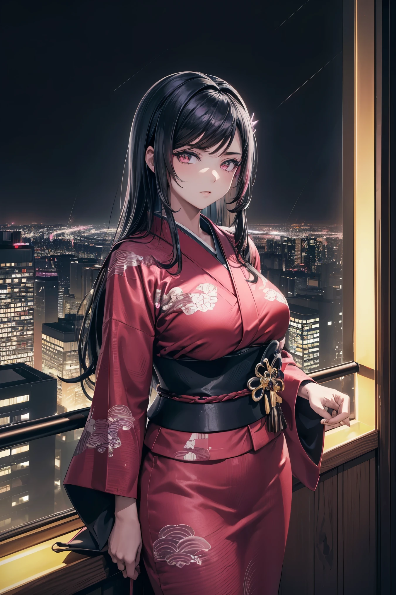 anime, (obra de arte, melhor qualidade, ultra-detalhado, alto contraste), 1 mulher (Sozinho, corpo todo, corpo plus size, standing on the edge of the skyscraper, cabelo prateado, CABELO LONGO E FLUXO, olhos vermelhos brilhantes de rubi, (Kimono preto, black cybernetics with neon pink), meias pretas transparentes), (skyscraper roof, com vista para uma cidade, fundo detalhado ((night time, Darkness, low light pollution)))