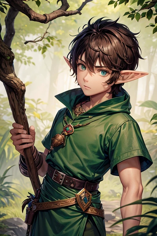 30 year old elf man with short spiky brown hair, short messy hairstyle with fringes, pointed elf ears, light druid medieval clothing, jade root ornaments, green eyes holding a staff, brown boots, brown. leather belt. roots decorations on the belt, forest background with magic symbols