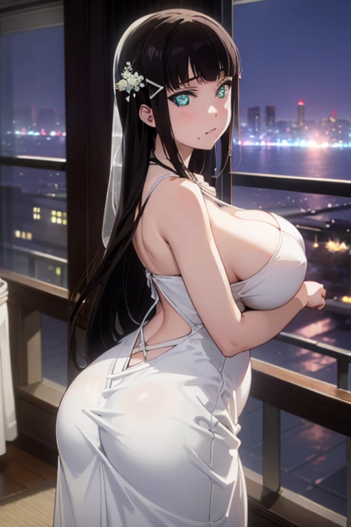 (highest quality、Highest quality、、4K,Night view、Very popular gravure model、A beautiful woman with accentuated huge saggy breasts and accentuated saggy buttocks、、whole body)Very flashy(Wedding dress、wedding style)、High-rise apartment building, high floors、balcony、Looking outside while feeling the night breeze、