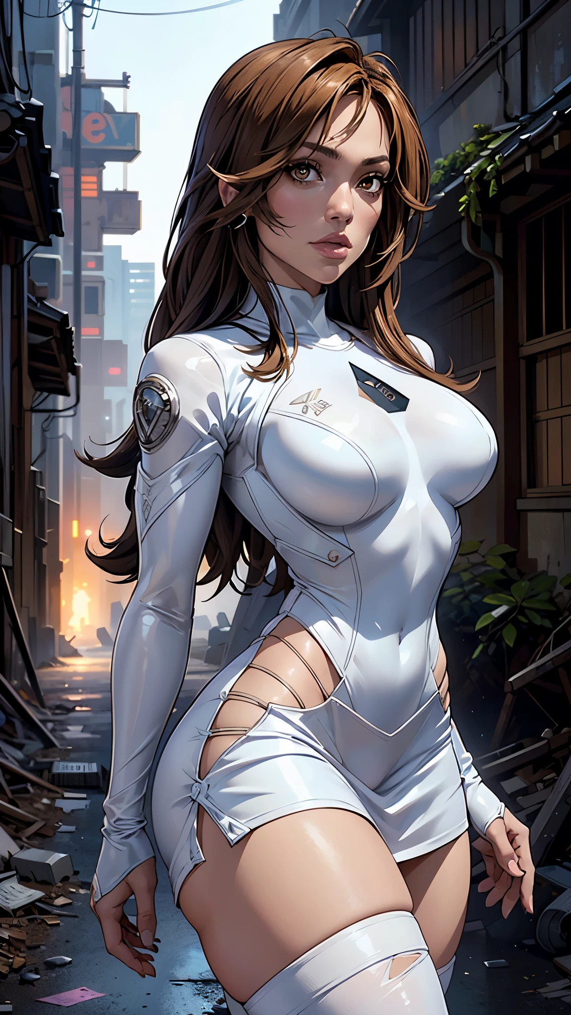 (La mejor calidad,A high resolution,Ultra - detallado,actual),Jennifer Lopez with a tight transparent plastic dress,(BodySuit white :1.4), (miniskirt white colegiala :1.4),( top corto sudadera white :1.4), cabello largo rubio, ,(Ruined alley Tokyo cyberpunk dungeon ruins background :1.4 ), More detailed 8K.motor irreal:1.4,UHD,La mejor calidad:1.4, fotorrealista:1.4, textura de la piel:1.4, obra maestra:1.8,obra-prima, mejor calidad,objeto Objeto], (detailed face features:1.3),(Las proporciones correctas),(Ojos hermosos azules),  (pose vaquero),( jennifer lopez:1.4),(jennifer lopez V2.1), (Detalles de la cara: 1.5, (beautiful brown eyes :1.4) , hermoso rostro, ojos bonitos, Contorno del iris, labios delgados: 1.5, Thin, sharp pale eyebrows, Long, dark eyelashes, double tabs),,( ciberpunk 2.1), vestuario cyberpunk, (pantimedias white nylon :1.4) 